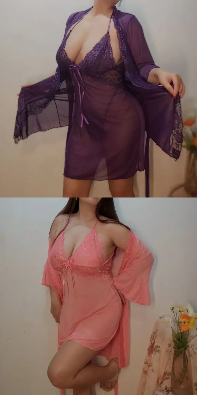 plus size lace nightgown and robe set featuring a purple lace strappy slip nightdress with a matching sheer robe.