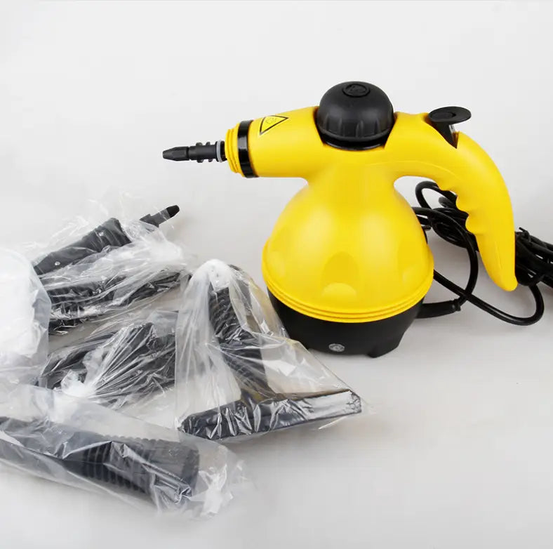 yellow and black handheld steam cleaner with ergonomic grip and flexible nozzle shown with multiple attachments in clear plastic bags for versatile cleaning use