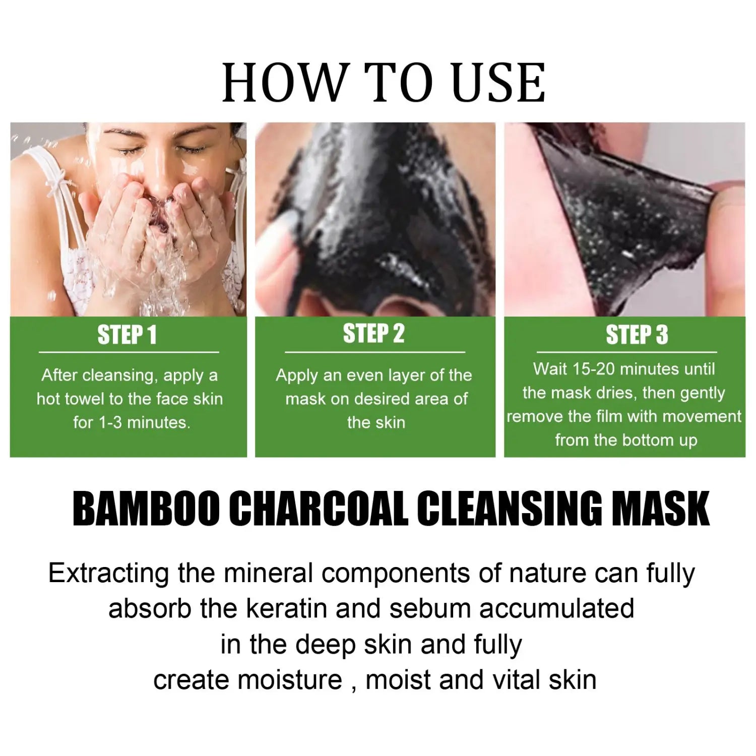 black gel-like bamboo charcoal peel-off mask applied to face demonstrating a three-step blackhead removal usage guide