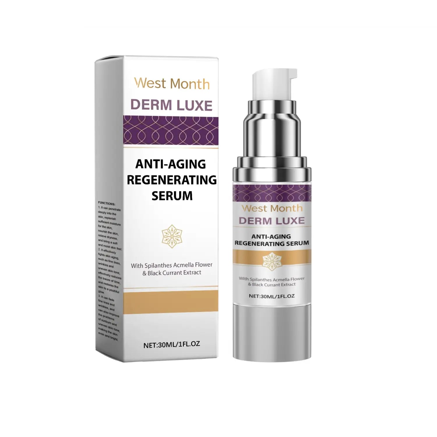 silver-toned pump bottle of West Month Derm Luxe anti-aging cream with a purple and gold label and matching white box showcasing luxury women’s fashion product details.
