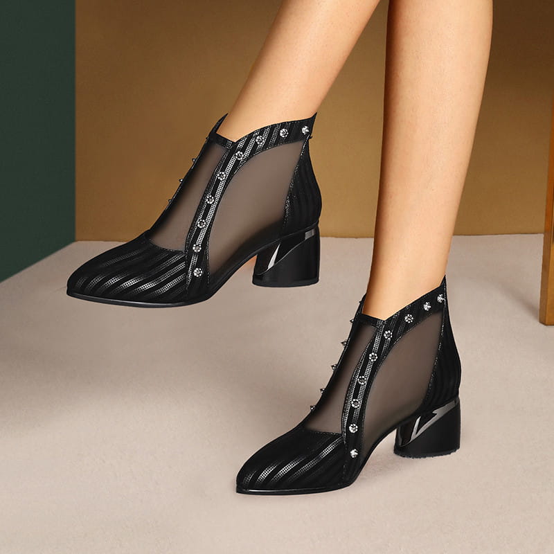 black mesh ankle heel sandals mesh with a glossy finish, decorative silver studs along the side, and a chunky block heel in a fish mouth design