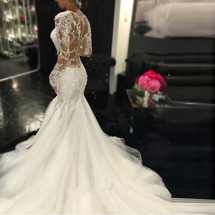 Trailing White Temperament Is Thin And Long Lace Wedding Dress - Royalessencelux