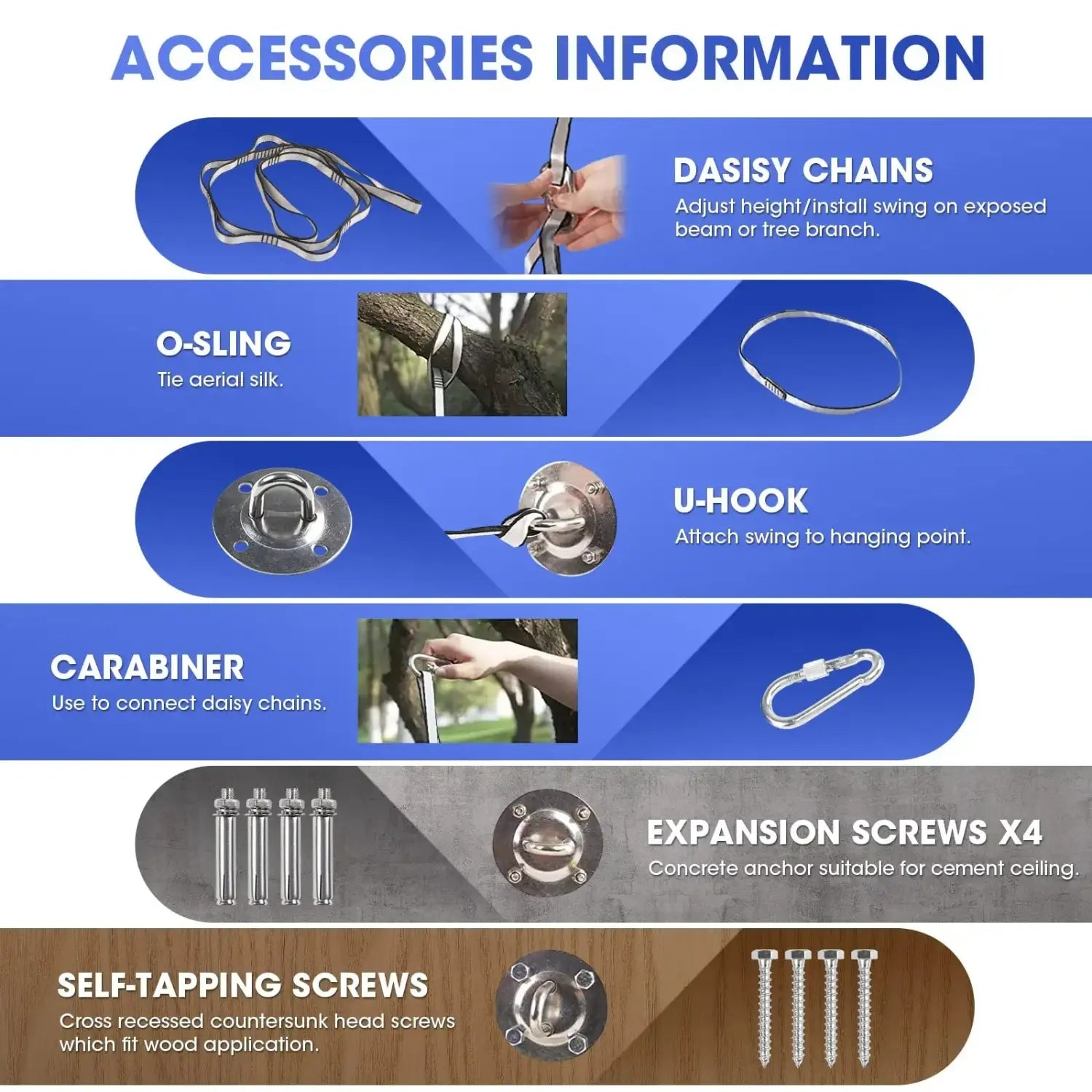 The image shows metallic hardware components including daisy chains with black and silver straps u-hooks carabiners expansion screws and self-tapping wood screws for installing the blue indoor outdoor therapy cuddle swing.