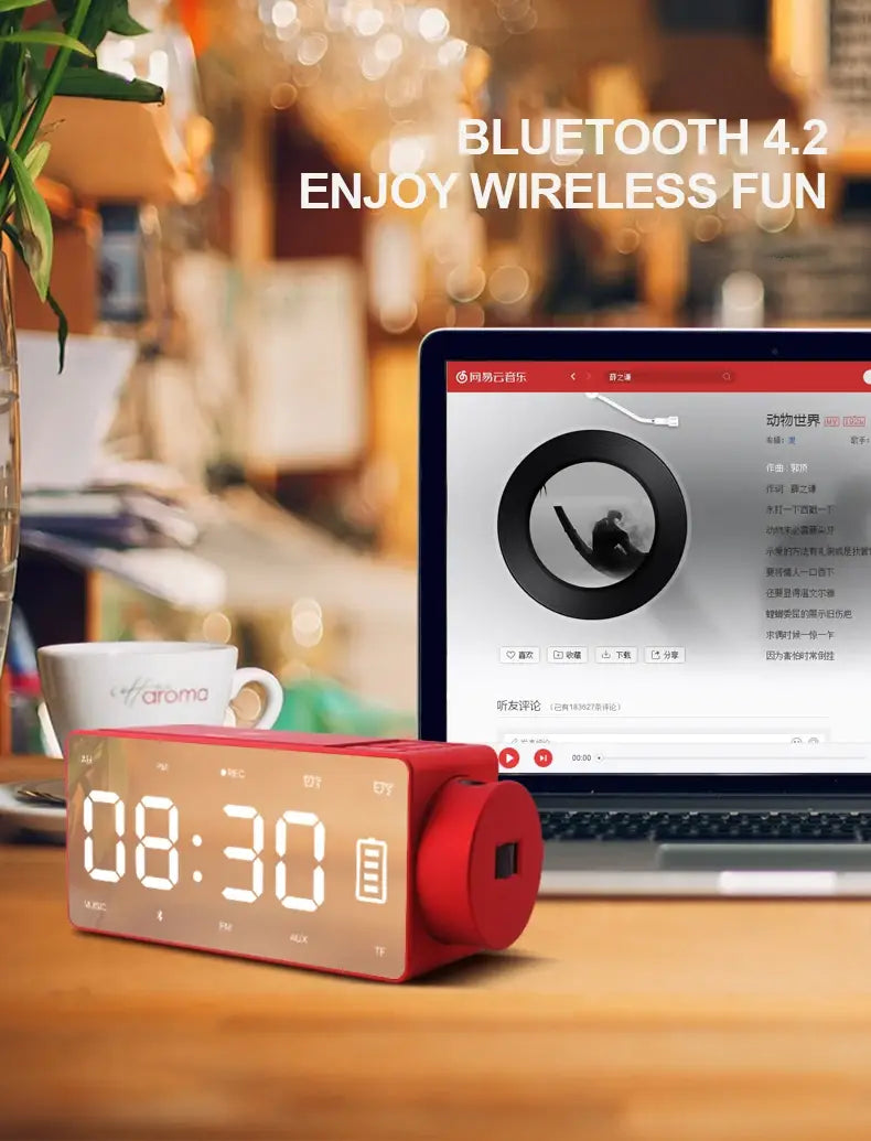 red rectangular s91s fashion wireless bluetooth 4.2 alarm clock with digital display and cylindrical speaker section designed for music and time display.