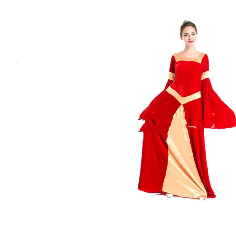 A vibrant red and gold velvet halloween cos ball queen dress featuring long bell sleeves, a high neckline, and a dramatic split skirt.