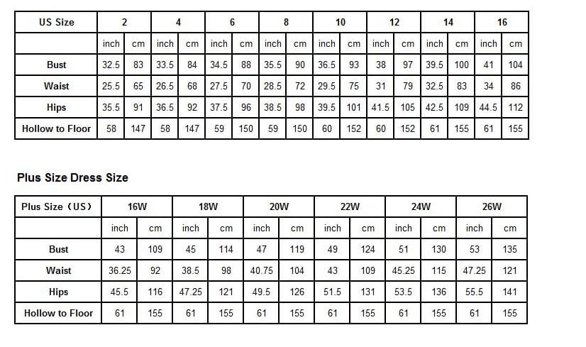 The image displays two tables with size charts for a vintage lace white wedding dress featuring floral train details, including US sizes 2 to 16 and plus sizes 16w to 26w with measurements in inches and centimeters for the main fabric wedding dress white.