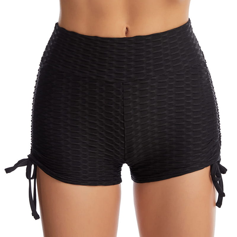 black textured high-waisted drawstring shorts textured butt lift with side ties shown from the back