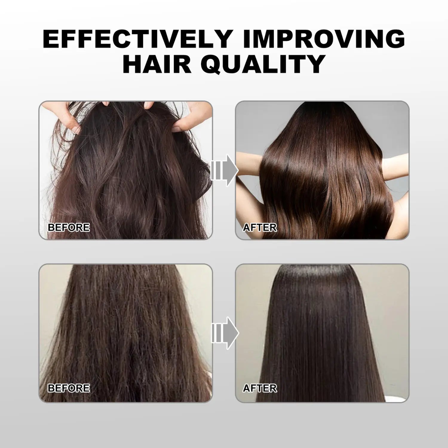 the hair care black capsule vitamin serum features a before-and-after comparison of dark brown hair transforming from frizzy and damaged to smooth, shiny, and healthy, highlighting its effectiveness in hair care.