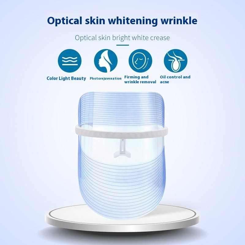 transparent blue multifunctional facial massager led beauty mask with white plastic frame and central light emitter designed as a facial beauty lifting tool massager