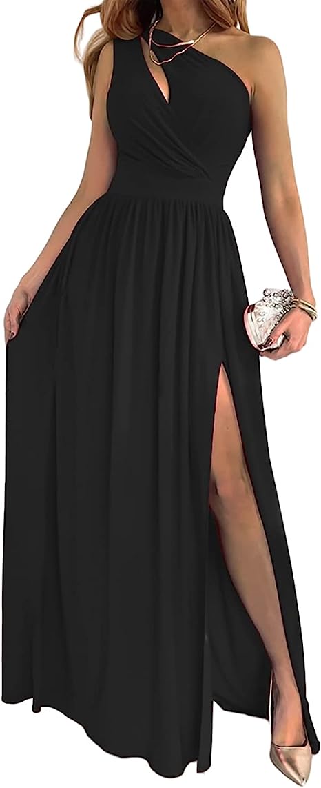 Black one-shoulder maxi dress with a draped bodice and high split designed as a cocktail maxi dress.