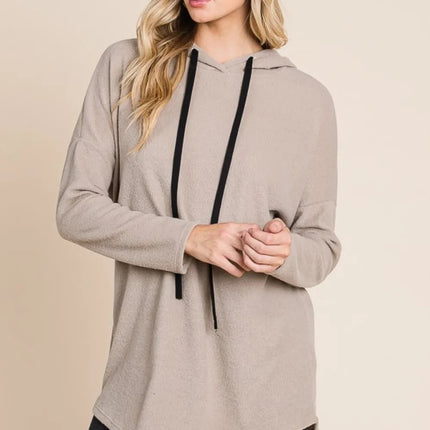 BOMBOM Contrast Drawstring Drop Shoulder Knit Hoodie - Royalessencelux