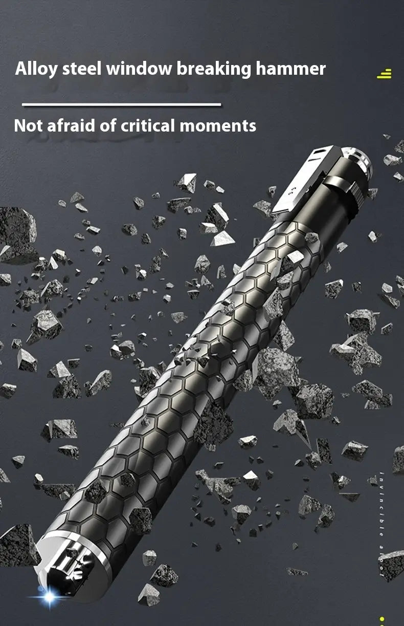 Black alloy steel automatic spring self-defense baton with a silver-colored tip and hexagonal textured aluminium alloy grip designed for window breaking.