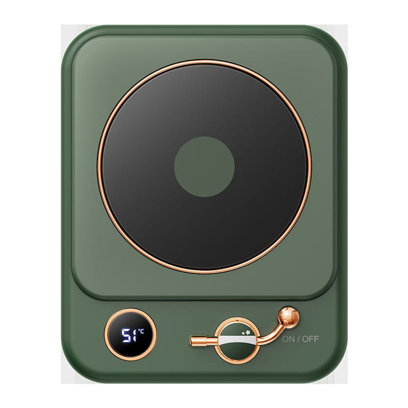 olive green portable electric coffee warmer with a rose gold rimmed heating surface and matching control dial designed as a milk heating insulation base desktop digital display for heating insulation use