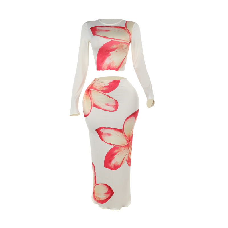 Elegant slim print two-piece white floral set featuring a long sleeve top with a slim print round neck and a high-waisted skirt adorned with vibrant pink and cream-colored flower prints.