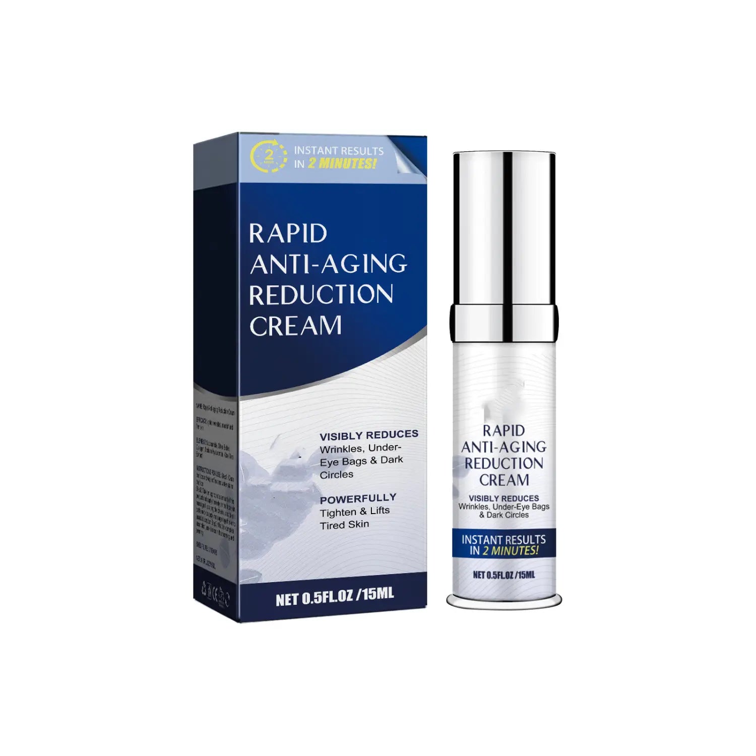 Silver-topped transparent glass bottle of moisturizing cream lifting and tightening fine lines with sleek metallic cap and blue and white packaging for fine lines repair.