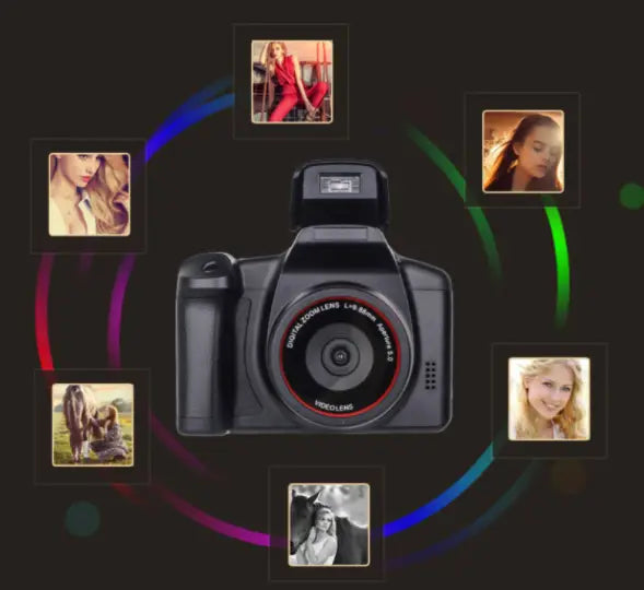 Black digital camera royale essence lux with red lens ring and hedolong branding highlighting advanced zoom factor capabilities.