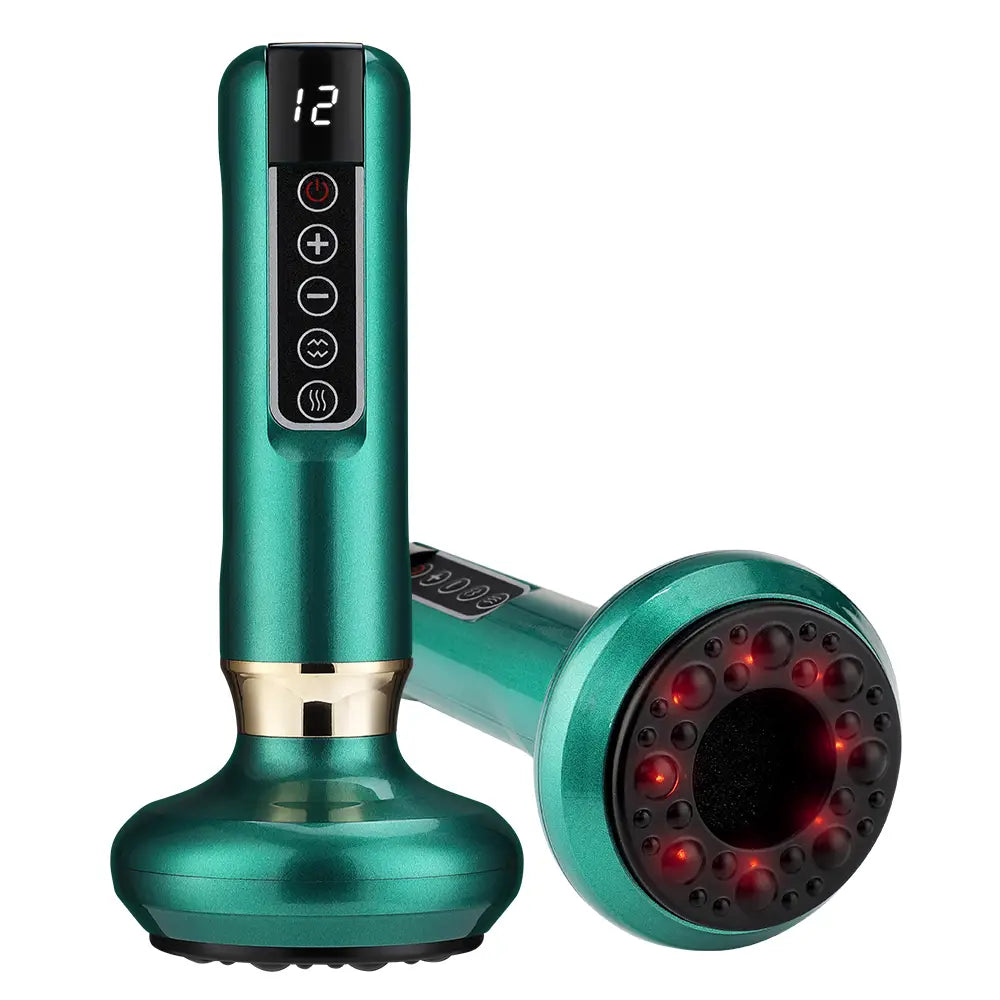 Teal-colored handheld electric vacuum cupping massager and gua sha device with red led lights and digital display for therapeutic massage.