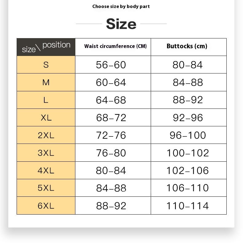 size chart for a high waist body shaper tummy control butt lifter displaying measurements in centimeters for sizes s to 6xl designed for fat burning high support and shaping.