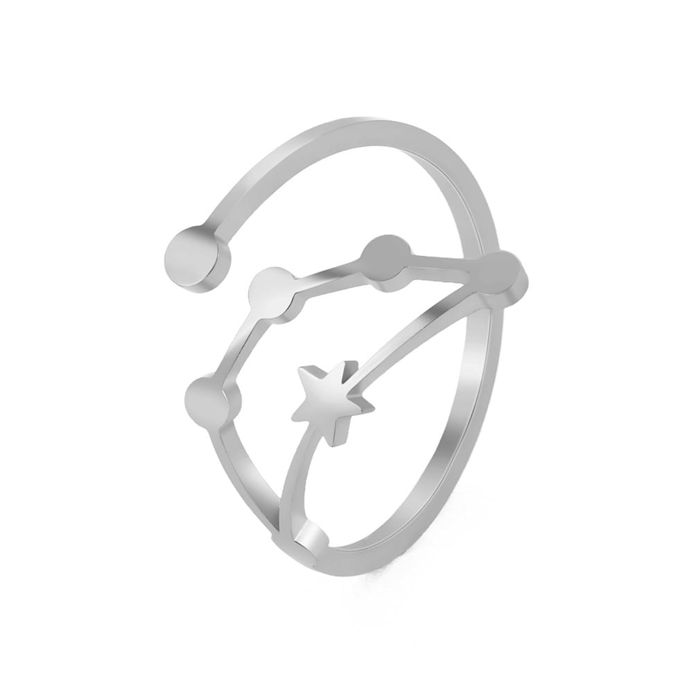 Silver personalized stainless steel constellation ring with a sleek minimalist design featuring interconnected dots and lines forming an astronomical pattern.