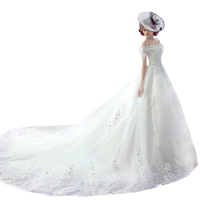A white off-the-shoulder wedding dress bride featuring intricate lace detailing and a flowing train paired with a trailing French veil.