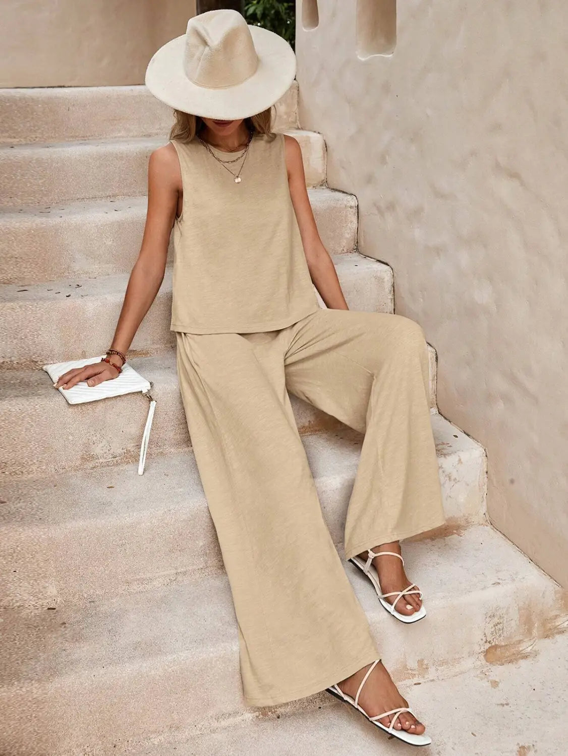 beige sleeveless top and matching wide-leg pants set featuring casual loose pants design for comfortable everyday wear