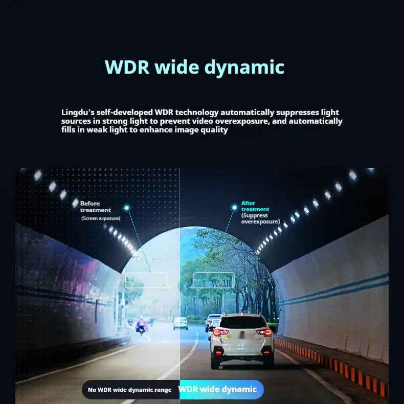 white suv with red taillights driving through a tunnel captured by a 4k night vision driving recorder with panoramic parking surveillance.