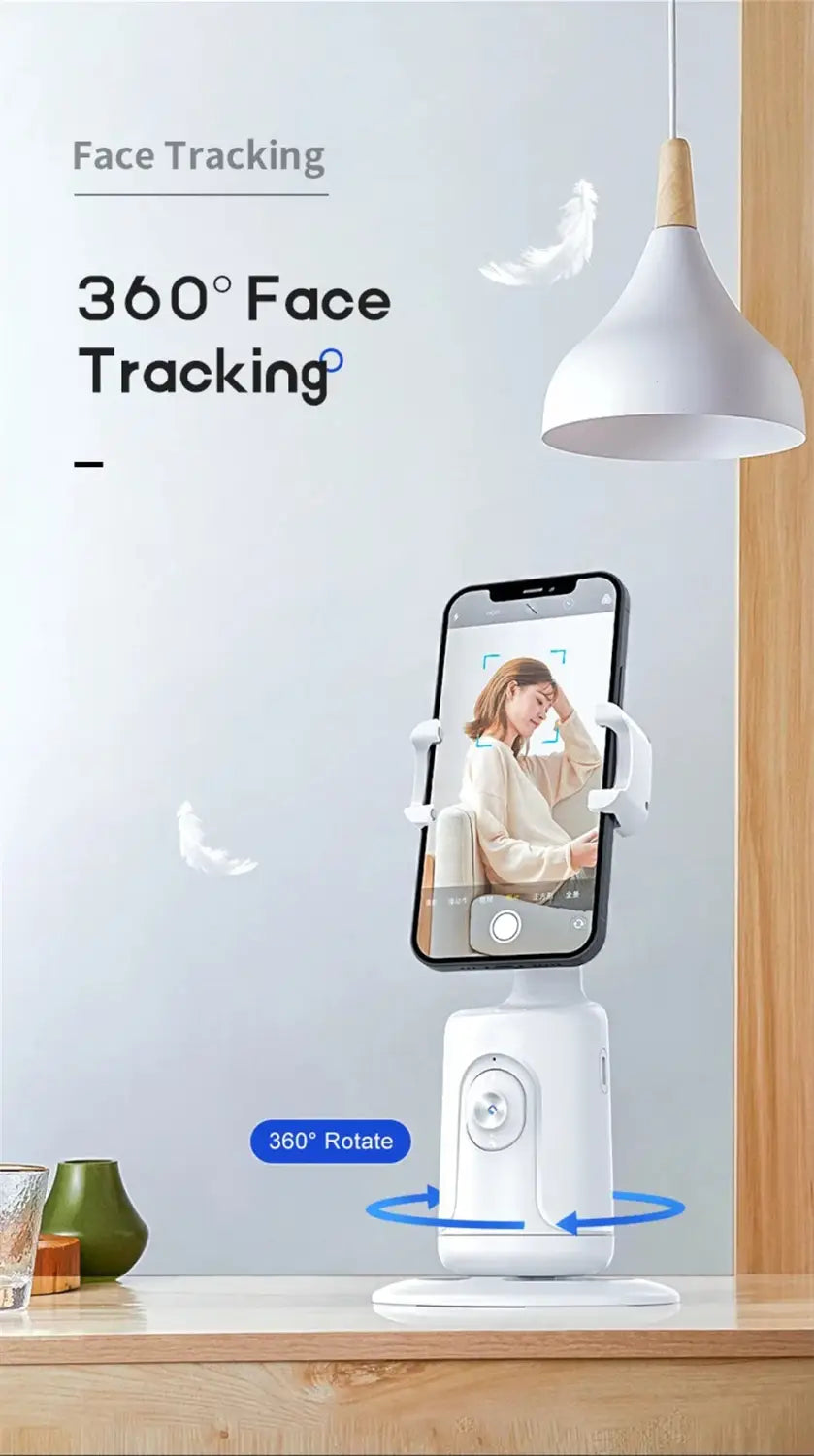 white 360-degree rotating face tracking gimbal phone holder with sleek modern design for AI smart face tracking.