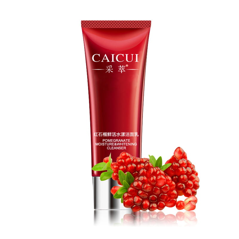 A sleek red tube of Caicui pomegranate moisture and whitening cleanser with a silver cap and fresh pomegranate fruit beside it from the pomegranate set moisturizing cosmetics skin care collection.