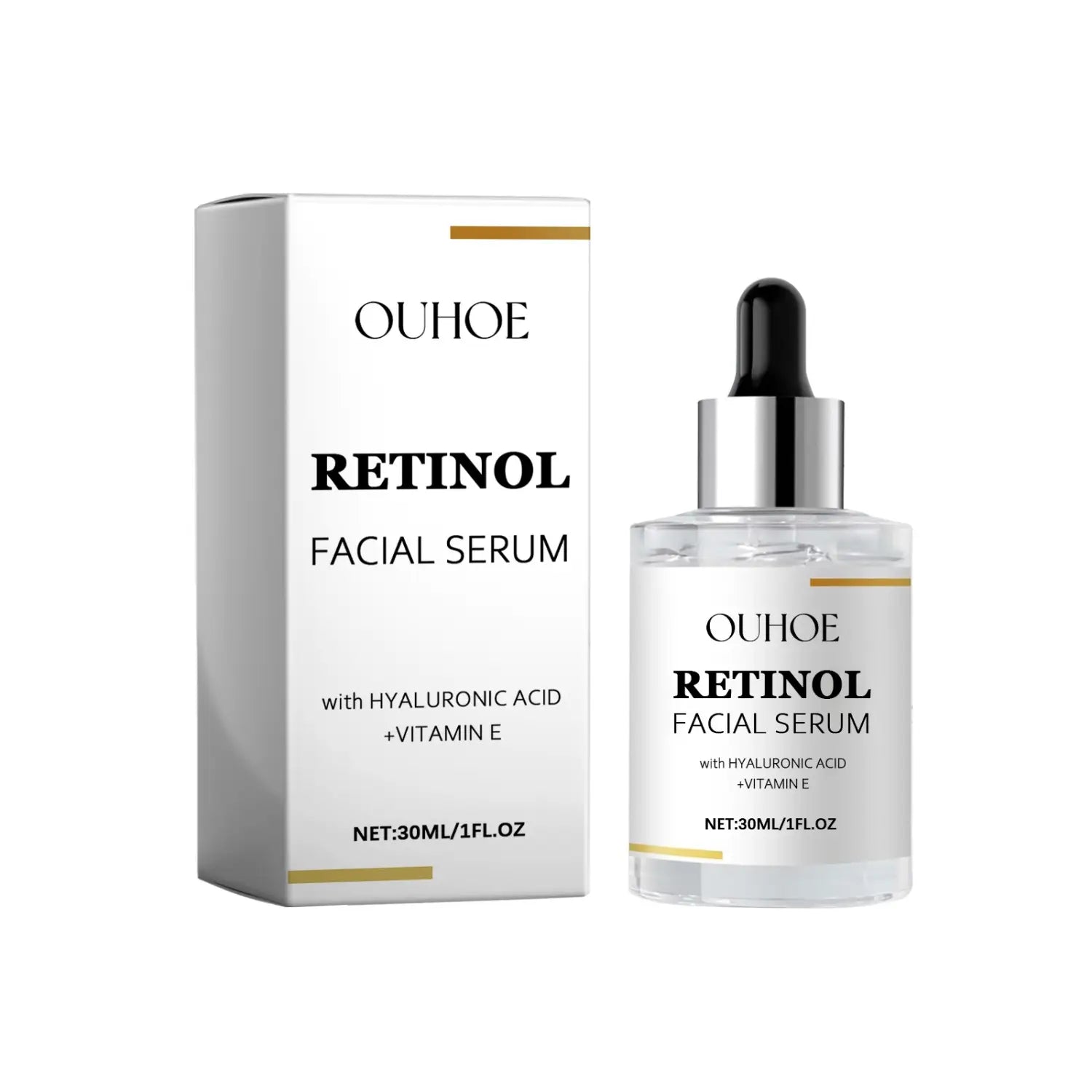 ouhooe retinol anti aging tightening liquid facial serum in a clear glass bottle with a silver dropper cap displayed next to minimalist white packaging.