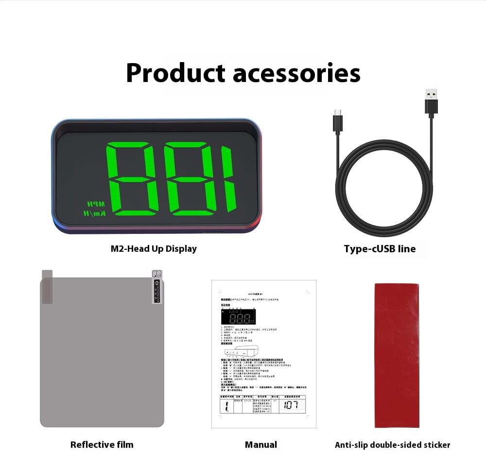 Black rectangular m2-head up display car gps velometer with bright green digital numbers for universal display car navigation and speed monitoring.