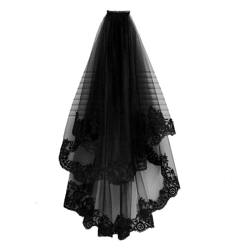 black veil short lace headdress featuring layered tulle and floral embroidery in delicate black lace