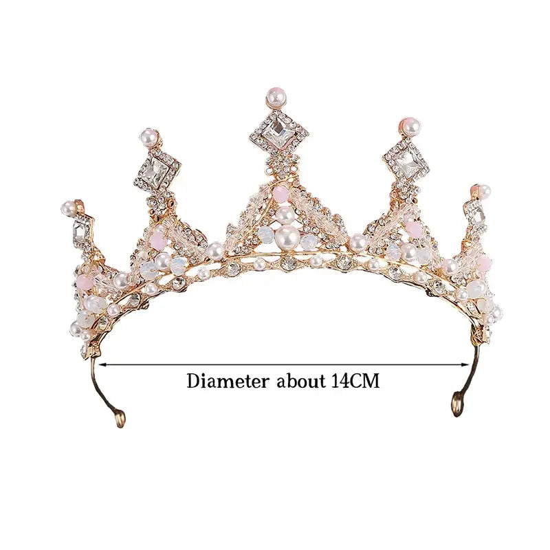 A delicate rose gold crown headband from sweet fashion jewelry featuring sparkling clear crystals, soft pink pearls, and intricate diamond-shaped embellishments as elegant hair accessories.