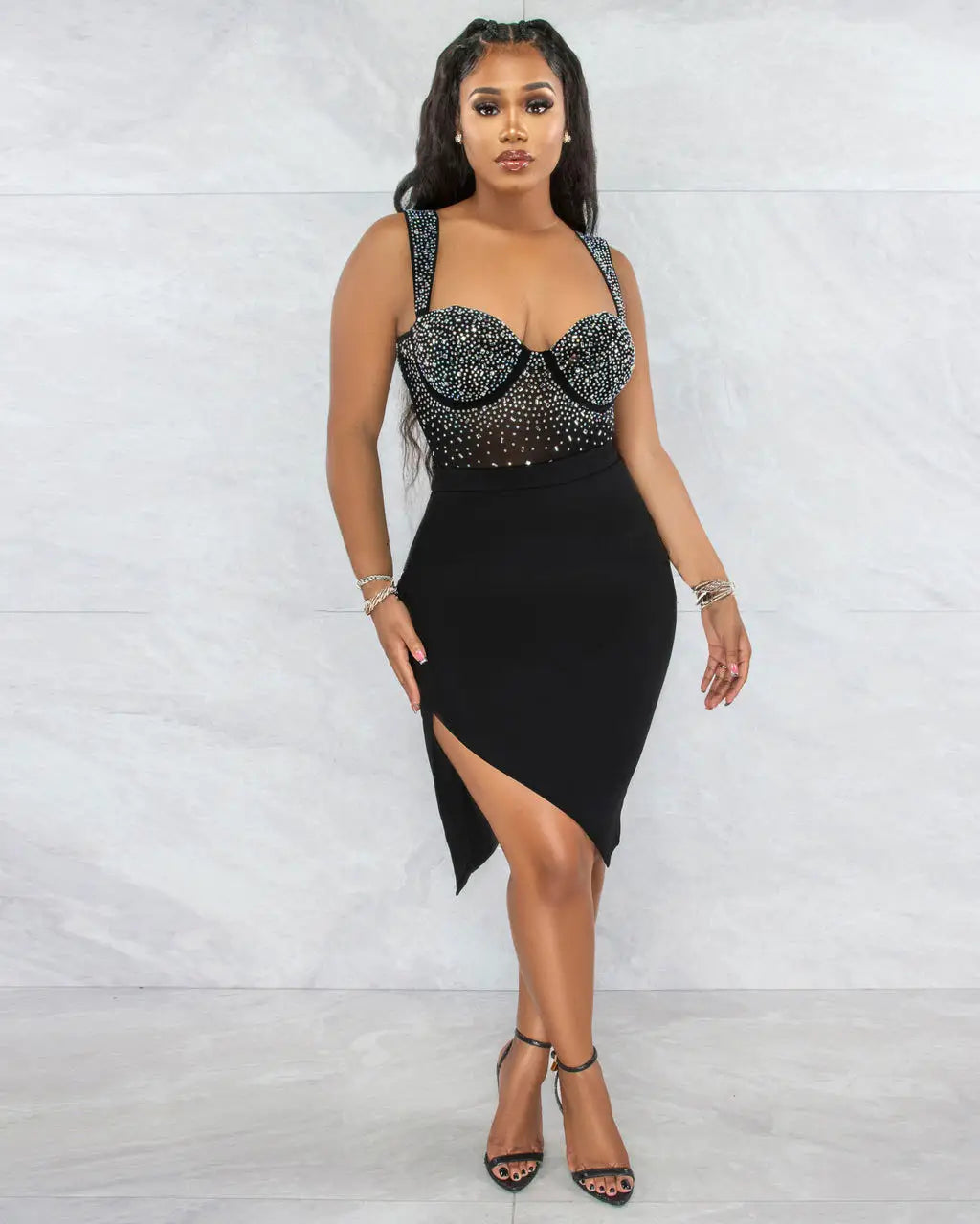 black sequined bodice dress with a rhinestone sling backless design and sleek skirt featuring a high slit from the rhinestone sling backless set two colors collection.