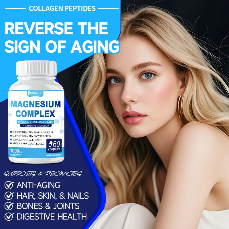 White plastic bottle of dunzgu ultimate magnesium supplement complex capsules with blue and white label containing 60 vegan magnesium supplement complex capsules.