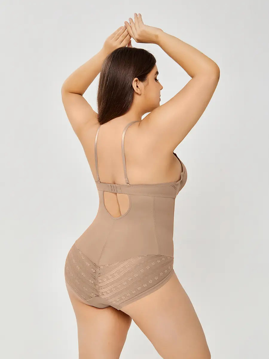 Beige plus size ultra firm control body shaper swimsuit with thin straps and lace-trimmed back panel showing firm control body features.