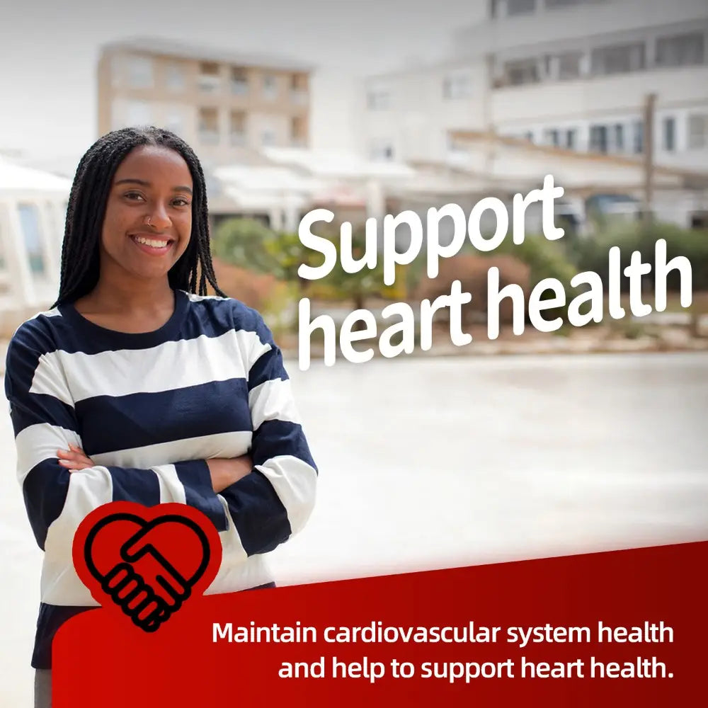 A smiling woman with long black braids wearing a navy and white striped sweater promotes vitality coenzyme tablets for energy metabolism scenarios.