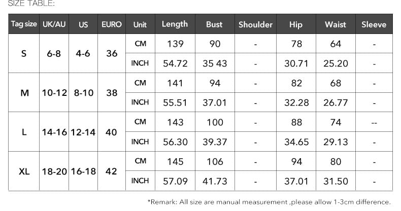 Size chart table for a sexy suspender tight slim pink ruffle dress displaying garment measurements in centimeters and inches for sizes s through xl.