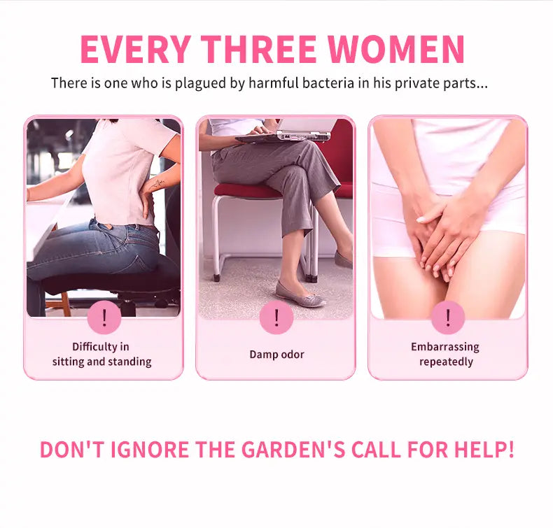 an advertisement for uro women’s probiotic capsules featuring three panels highlighting common symptoms of bacterial issues in the private area as a key use-case for these women’s probiotic capsules.