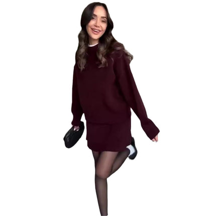 Sweater Skirt Sets For Women 2 Pieces Knit Casual Versatile Long Sleeve Pullover Elegant Solid High Waist Mini Skirt Outfit - Royalessencelux