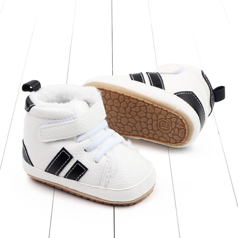 plush lined sports soft-sole cotton baby shoes in white with black stripes featuring a soft fluffy lining for comfort