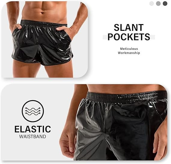 black patent leather mens loose casual shorts with slant pockets and an elastic waistband for a loose casual trendy look