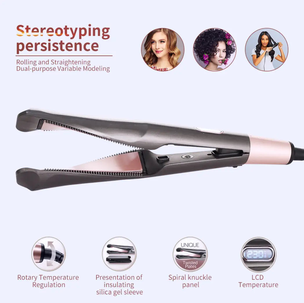 A sleek gold ceramic flat iron for curly hair care with a black and rose gold finish and twisted plates for rolling and hair care straightening.