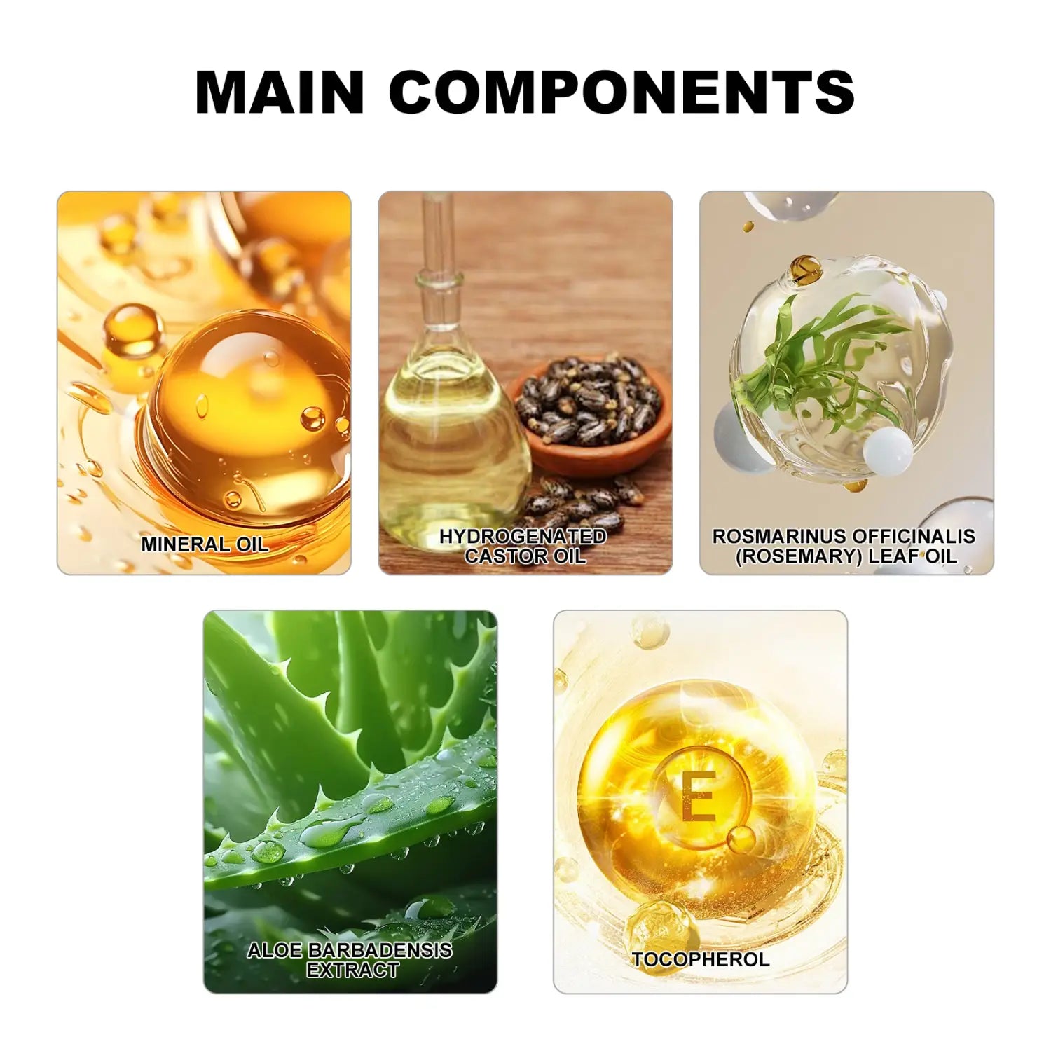 The image displays five natural ingredients including mineral oil, hydrogenated castor oil, rosemary leaf oil, aloe vera extract, and tocopherol featured in the hair care black capsule vitamin serum for hair care.