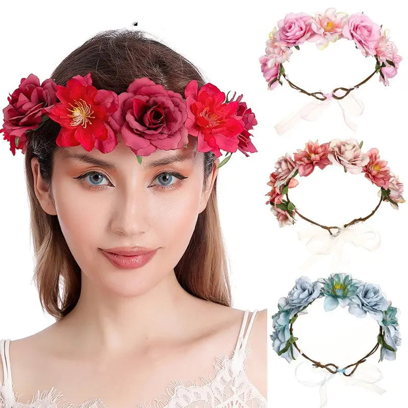 a fabric colorful rose flower garland hair accessory featuring a vibrant red and pink artificial fabric colorful floral headband with roses on a flexible wire frame