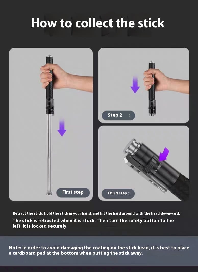 Black and silver automatic spring self-defense baton with aluminium alloy construction and textured grip.