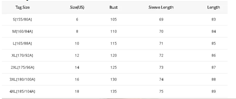 Size chart for a white cursive letter printed slim shirt dress displaying measurements in inches and centimeters across sizes s to 4x.