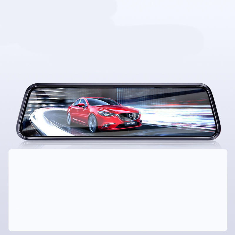 black-framed night vision dual lens rearview mirror camera with integrated touchscreen displaying a red mazda 6 sc30a.
