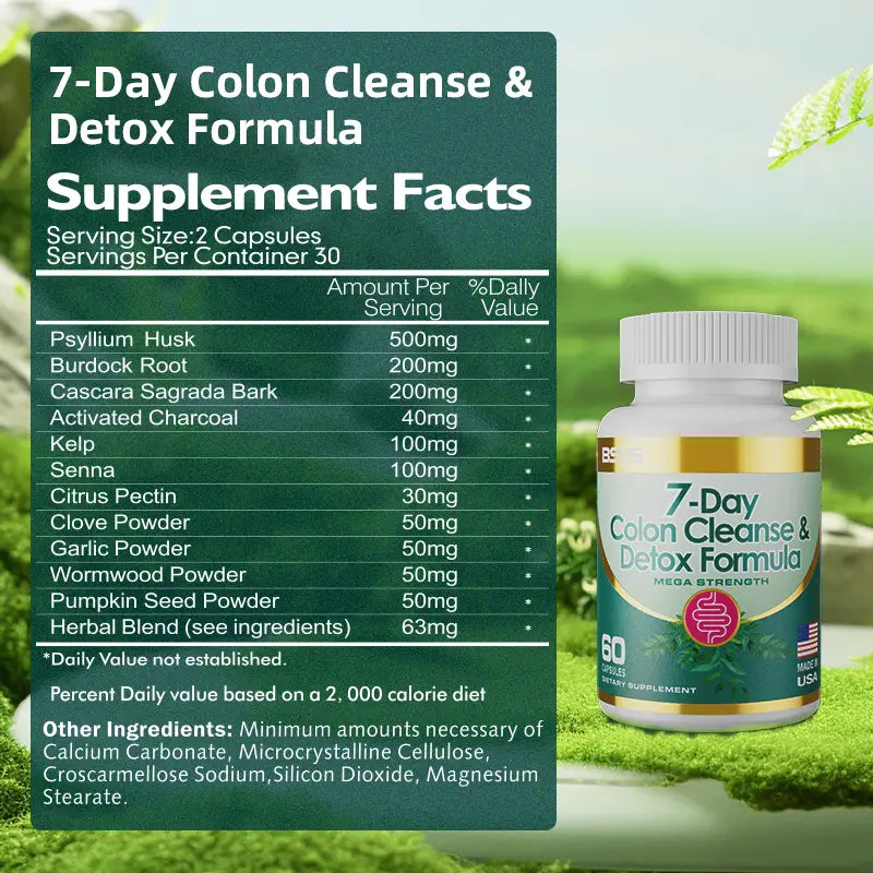White plastic bottle with gold and green label featuring 7 day colon cleanse and detox formula capsules text, an American flag emblem indicating made in the USA, and a pink circular icon depicting intestines for detox formula use.