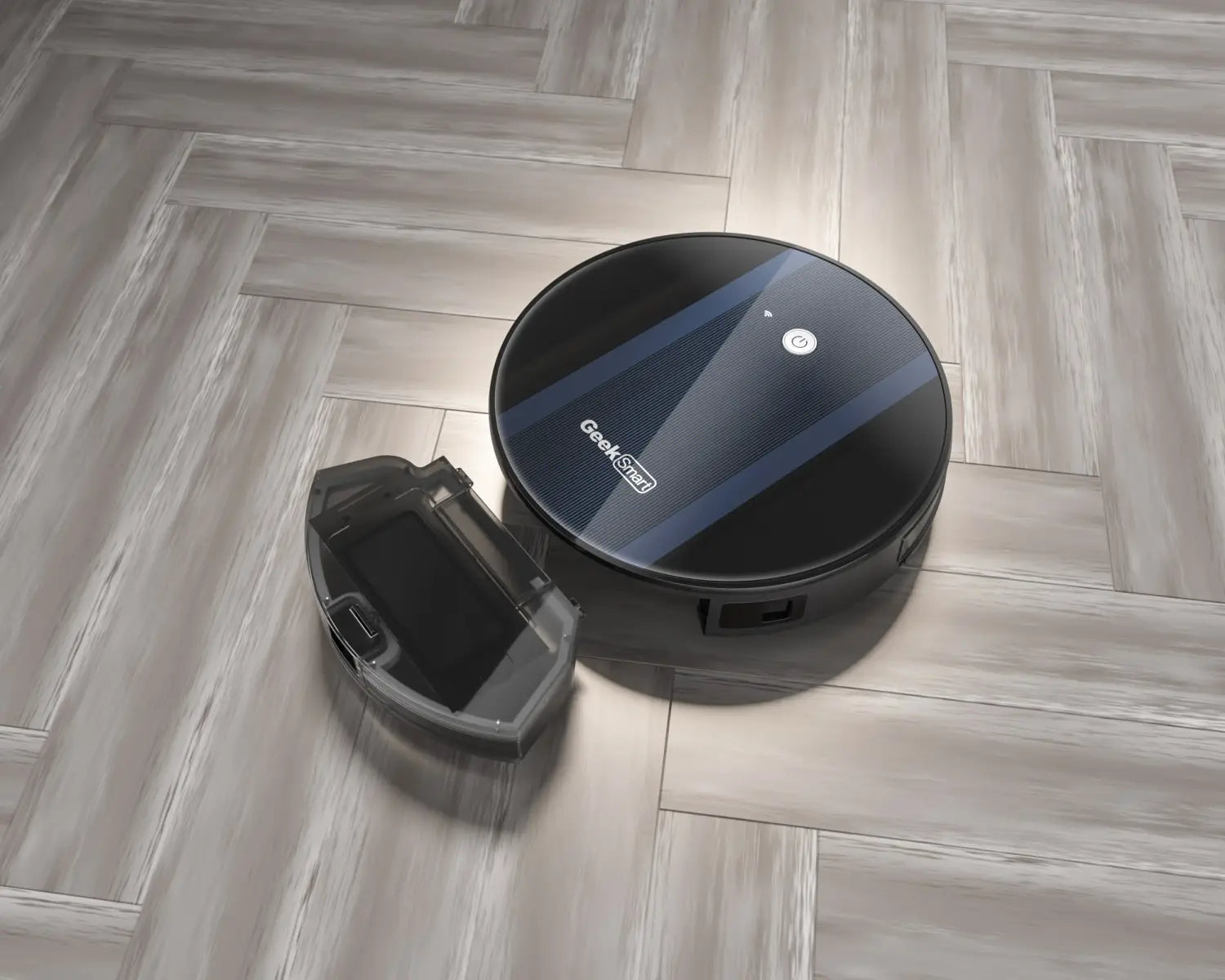 Black circular robot vacuum cleaner with a glossy finish and blue accent stripes featuring the Geek Smart logo and strong suction capability.