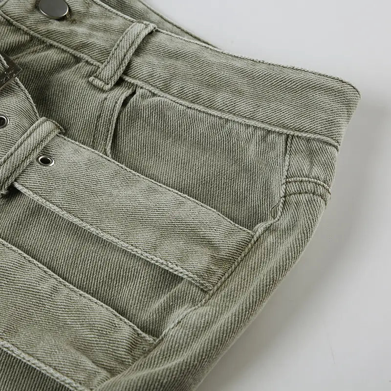 olive green denim jeans double belt adjustable buckle shorts feature a classic five-pocket design with silver-toned hardware and a belt adjustable buckle.